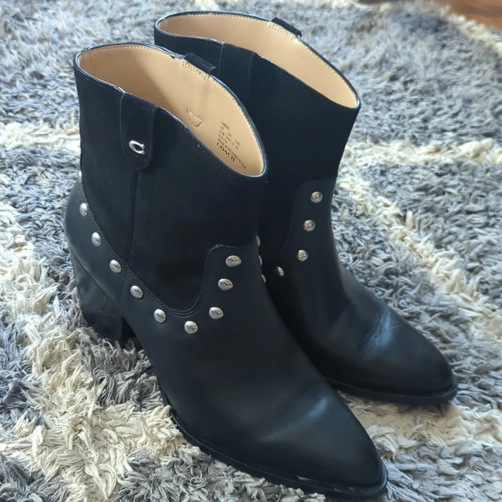 COACH Pauline Leather Suede Bootie Black 8.5 B Womens Studded Western Ankle Boot - Picture 4 of 8